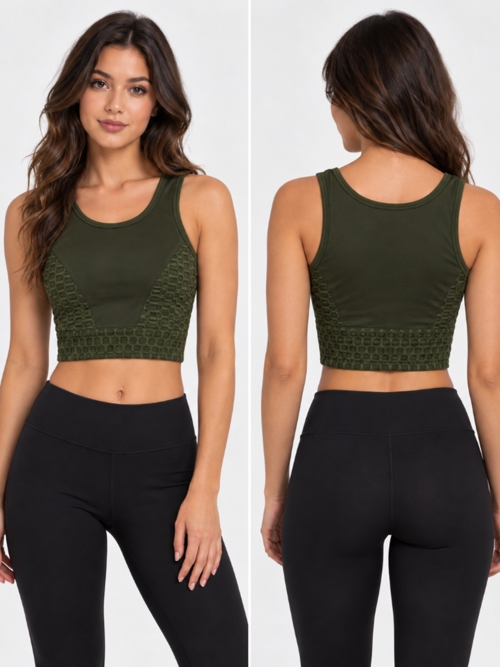 Nova Sport Olive Green Textured Athletic Crop Top Sports Bra